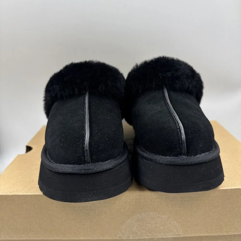 UGG Disquette Black Suede Fur Cuff Slide Platform Slipper Shoes Size 7 Women New